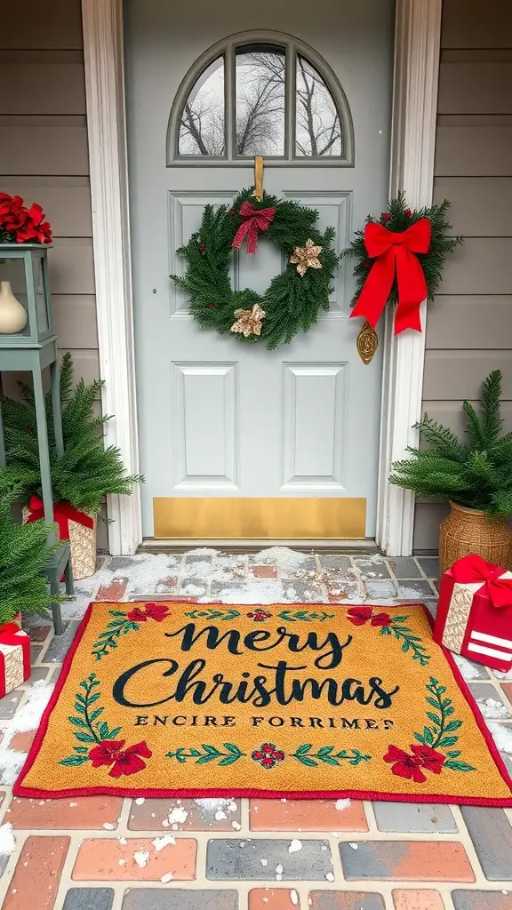 29+ Creative Christmas Doorway Decorations to Brighten Your Holiday Season 4 A festive Christmas door mat that reads 'Merry Christmas' with floral designs, placed at a decorated doorway.