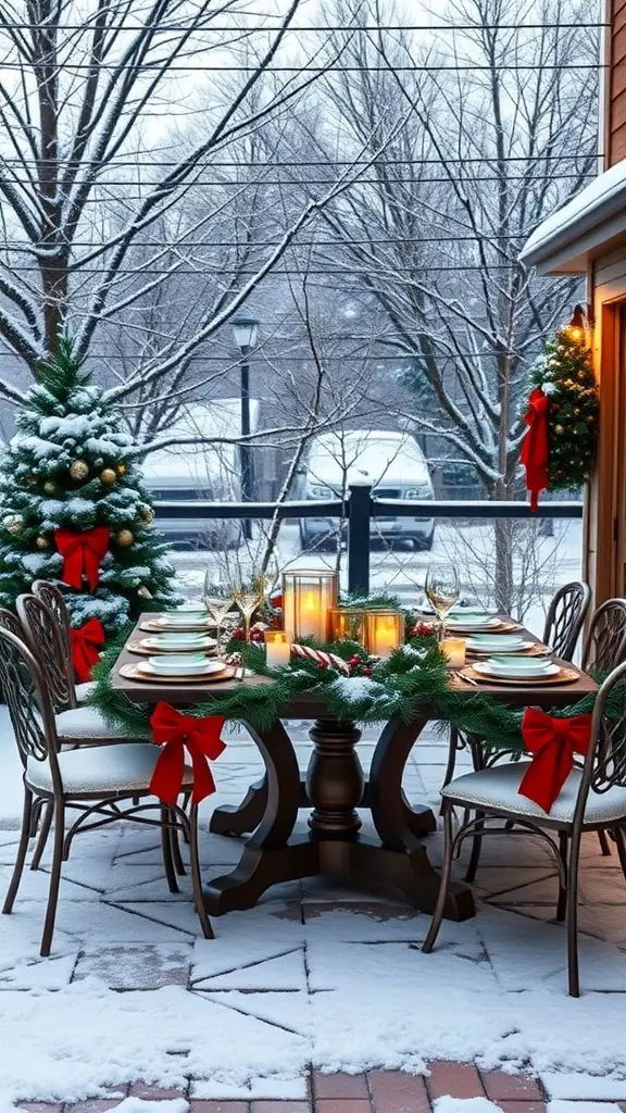 A beautifully decorated winter patio table setting with snow, Christmas trees, and warm lanterns.
