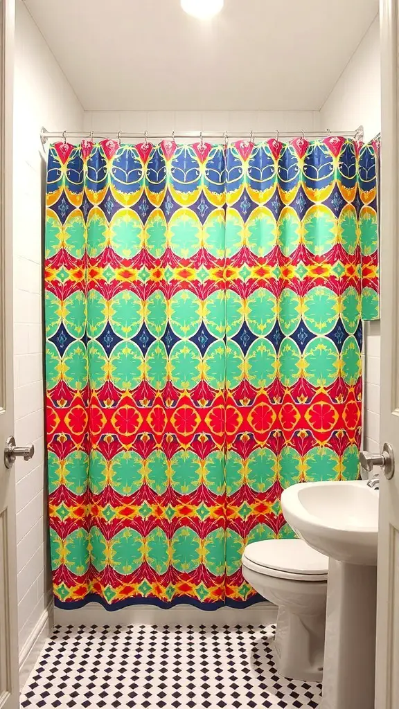 A colorful shower curtain with bold geometric patterns in a small bathroom.