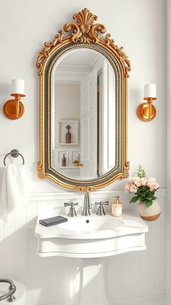 29+ Stunning Powder Room Ideas to Elevate Your Space 9 A beautifully ornate golden mirror above a white sink in a stylish powder room.