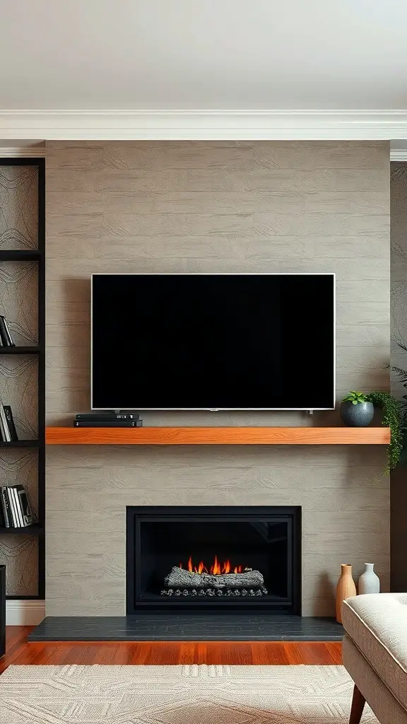 29+ Stunning TV Fireplace Wall Ideas You’ll Love 11 A modern living room featuring a textured panel wall with a TV above a sleek fireplace.