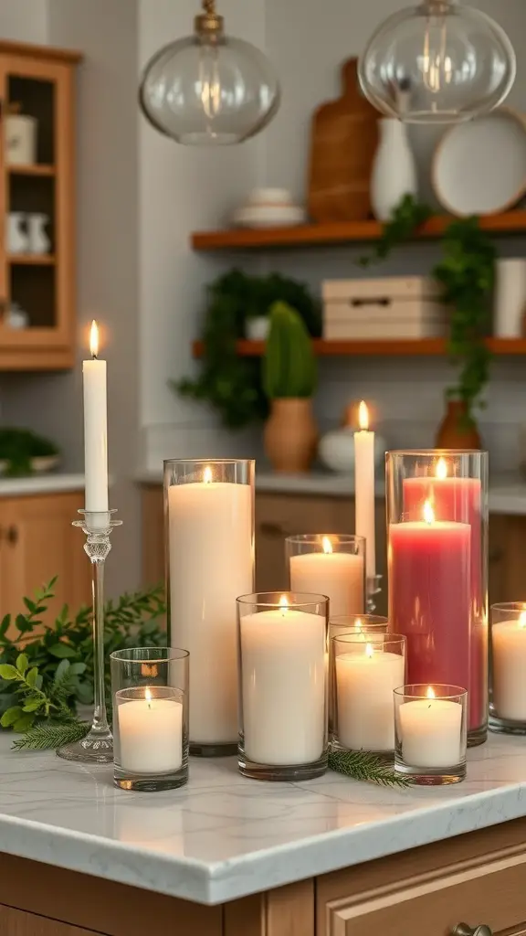 A cozy candle arrangement on a kitchen island featuring various sizes and colors of candles surrounded by greenery.