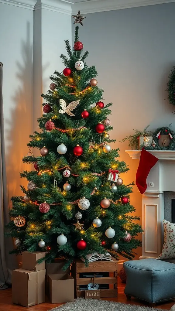 A beautifully decorated Christmas tree with lights and ornaments, set in a cozy living room.