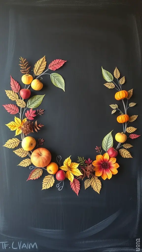 Chalkboard art featuring an autumn wreath with leaves, pumpkins, and flowers.
