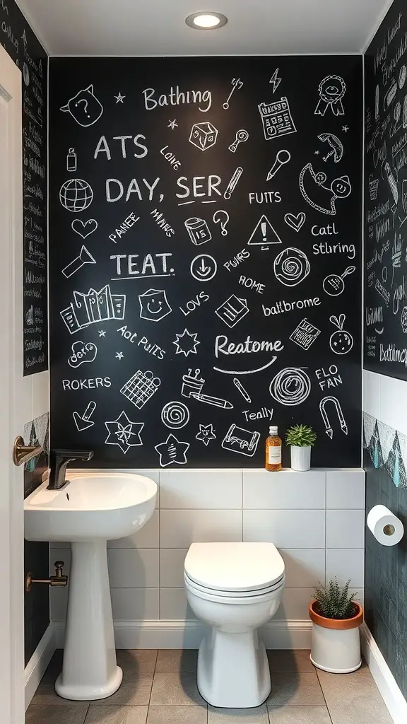 A small bathroom featuring a chalkboard wall filled with doodles and notes, alongside a toilet and sink.