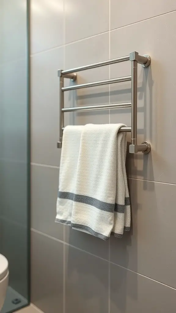 25+ Must-Try Minimalist Bathroom Organization Ideas 5 A modern wall-mounted towel rack with a white towel hanging on it, set against a neutral tiled wall.