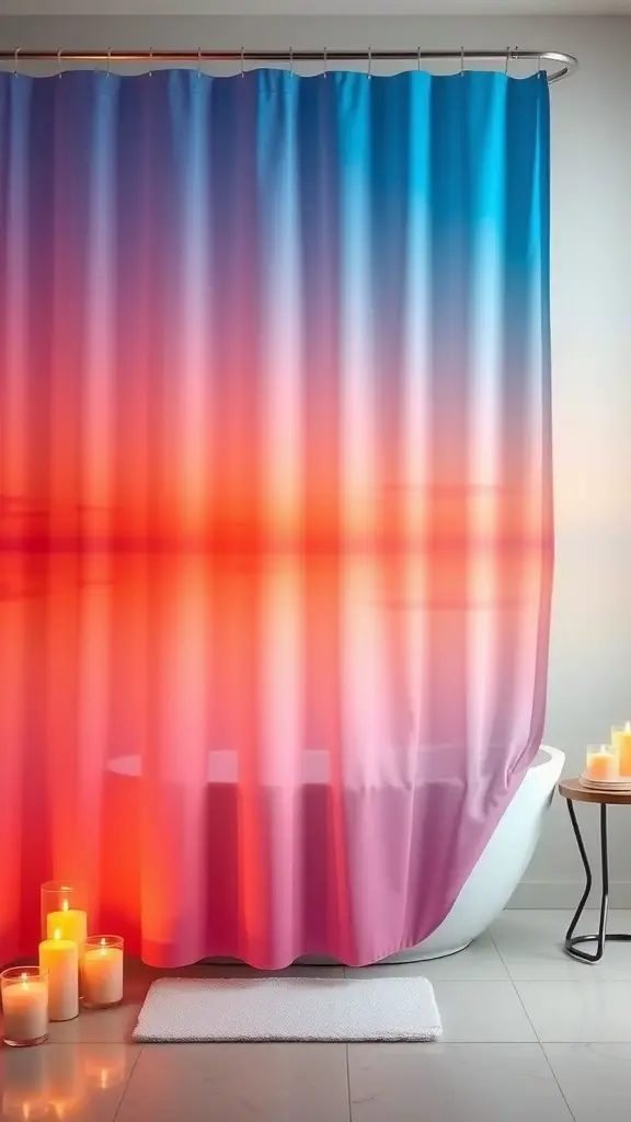 25+ Stunning Boho Shower Curtain Ideas for a Unique Bathroom Decor 2 Shower curtain with a sunset ombre effect transitioning from blue to orange and pink