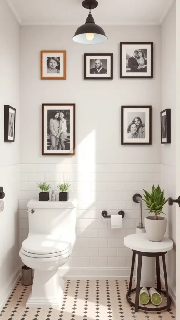 21+ Timeless Bathroom Ideas You’ll Love 14 A cozy bathroom featuring family photos on the wall, small plants, and soft lighting.