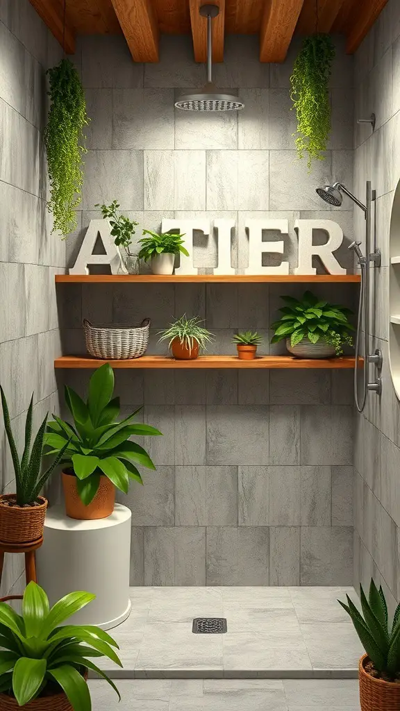 27+ Inspiring Rustic Walk-In Shower Ideas You’ll Love 2 Rustic walk-in shower with wooden beams, stone tiles, and various plants.
