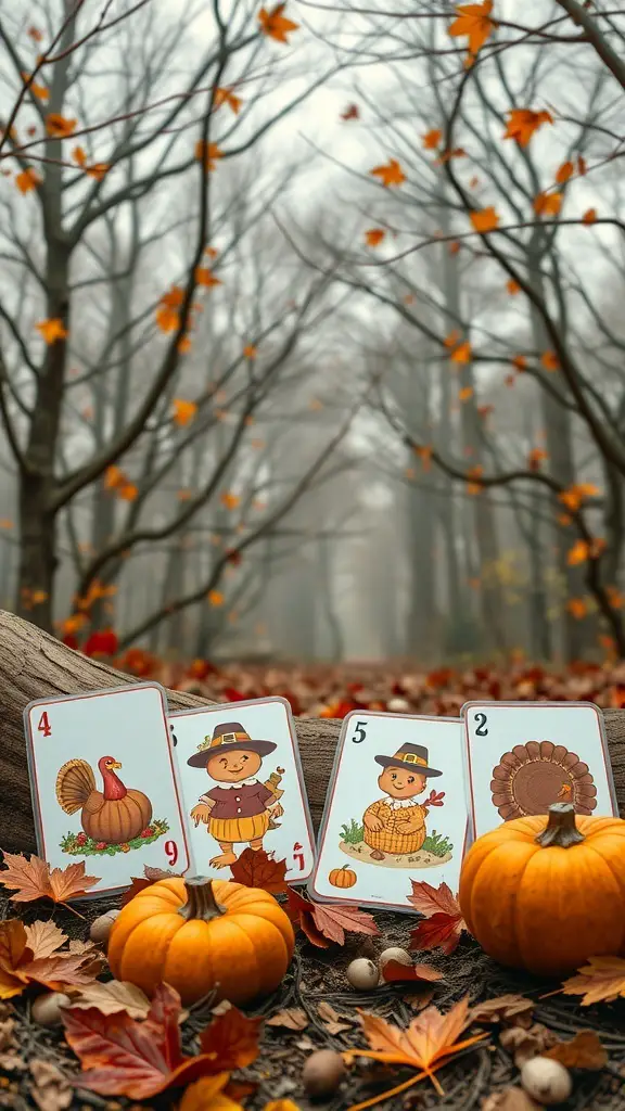 Thanksgiving themed memory game cards with pumpkins and autumn leaves in the background