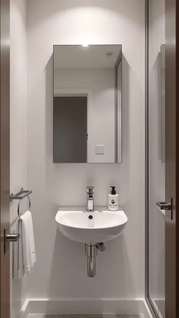 29+ Stylish Small Bathroom Mirror Ideas to Elevate Your Space 2 A small bathroom featuring a mirrored cabinet above a sink.