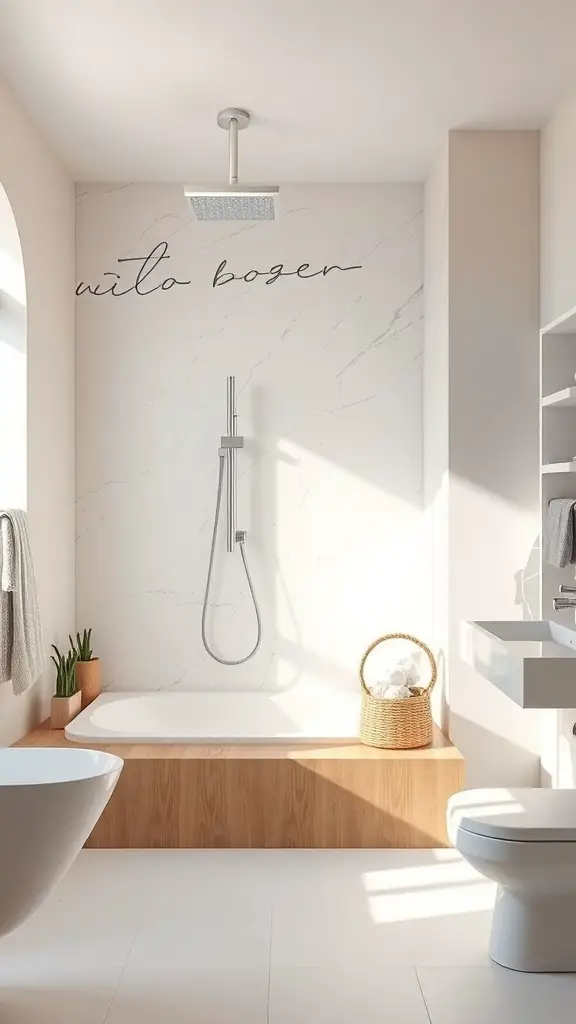 25+ Stunning Pony Wall Shower Ideas for Your Bathroom Remodel 4 A modern bathroom featuring a pony wall shower with a tub, natural wood accents, and a bright, airy design.
