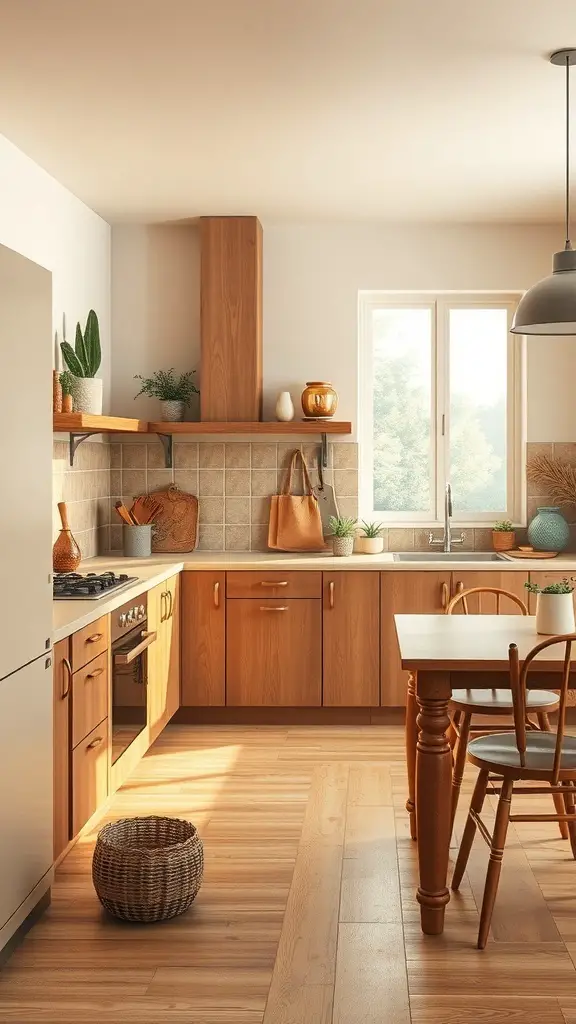 29+ Warm Neutral Kitchen Ideas to Transform Your Space 7 A warm neutral kitchen featuring wooden cabinets, a light color palette, and plants.