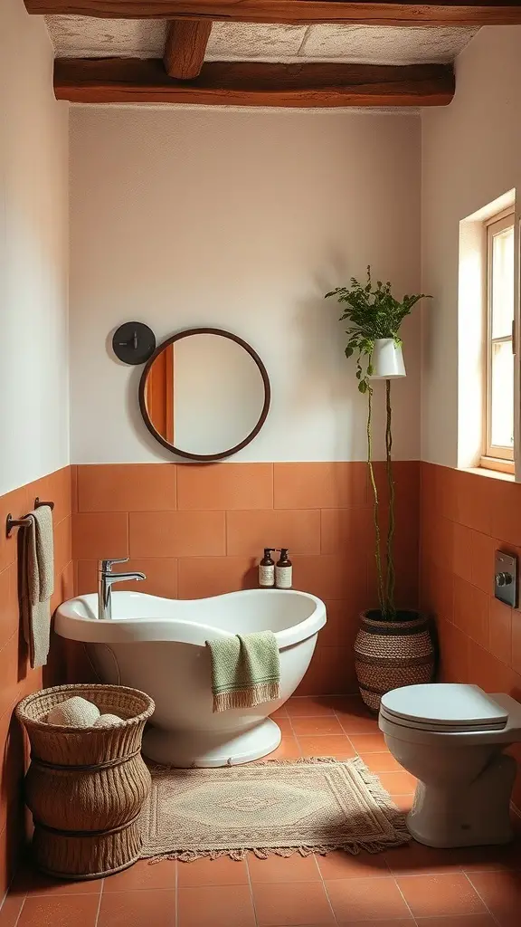 27+ Stunning Two-Tone Wall Paint Ideas to Transform Your Bathroom 7 A bathroom featuring warm terracotta tiles on the lower wall and soft white paint on the upper wall, with a round mirror, potted plants, and natural decor.