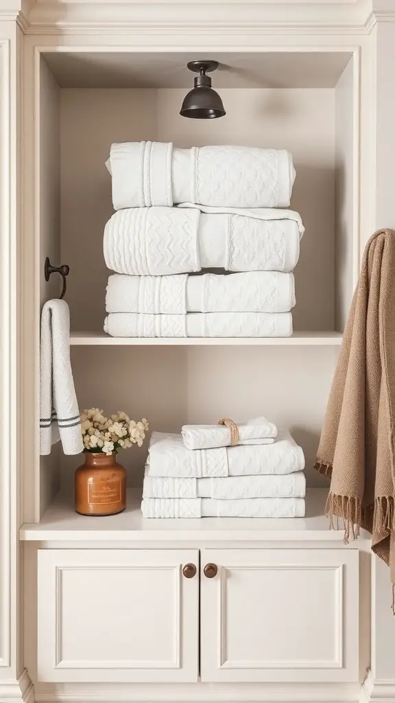 25+ Clever Hidden Storage Ideas for Your Bathroom 2 A built-in nook displaying neatly stacked white towels and a decorative vase in a bathroom.