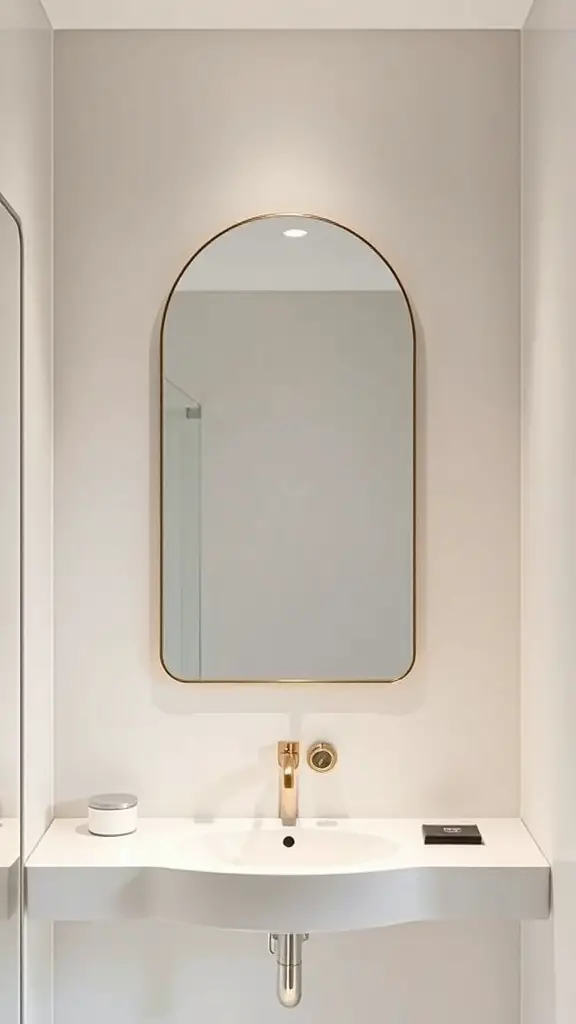 A minimalist bathroom featuring an elegant arched mirror with a gold frame.