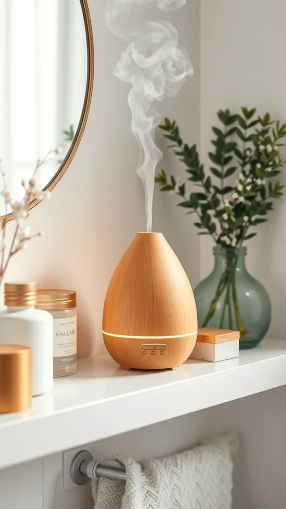 29+ Inspiring Boho Bathroom Shelf Decor Ideas to Transform Your Space 15 A wooden essential oil diffuser emitting steam, surrounded by decorative items on a bathroom shelf.