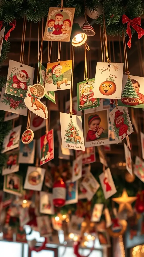 29+ Creative Christmas Ceiling Decoration Ideas to Festively Transform Your Home 12 A ceiling decorated with vintage Christmas cards, featuring Santa, children, and festive imagery.