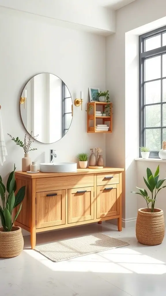 23+ Chic Neutral Toned Bathroom Ideas for a Serene Space 2 A natural wood vanity in a neutral toned bathroom with a round mirror and potted plants.