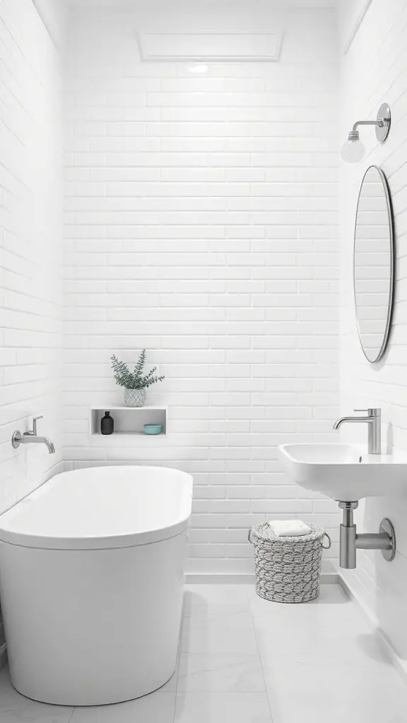 27+ Stunning Bathroom Paint Colors to Transform Your Space 2 A modern bathroom featuring white tiles, a sleek bathtub, and a round mirror.