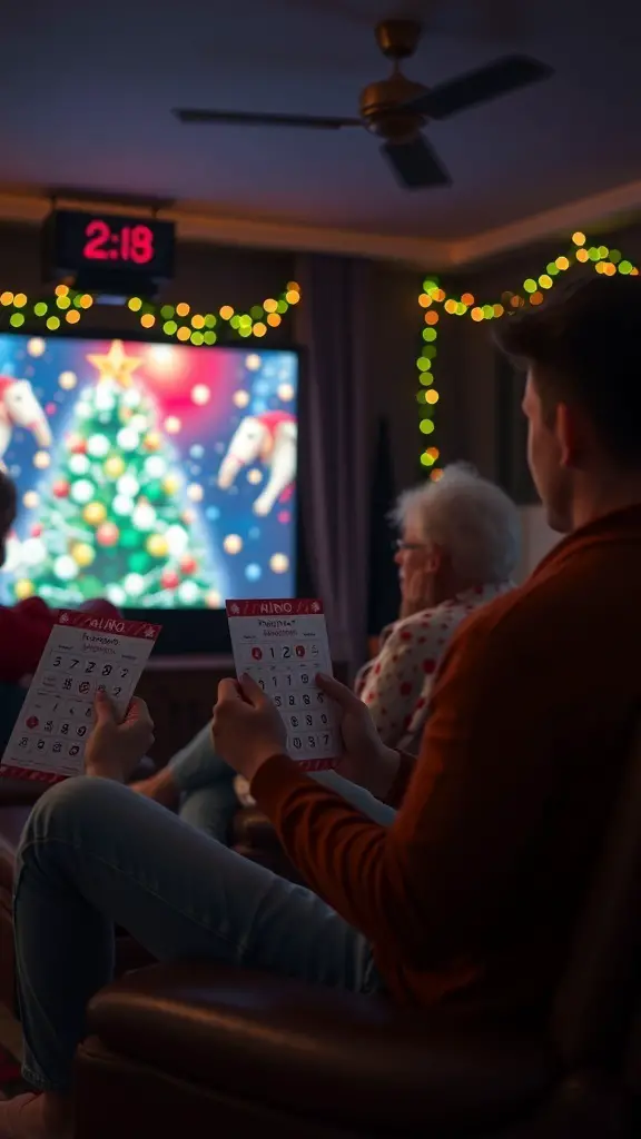 People enjoying a Christmas Movie Bingo Night with bingo cards and a festive atmosphere.