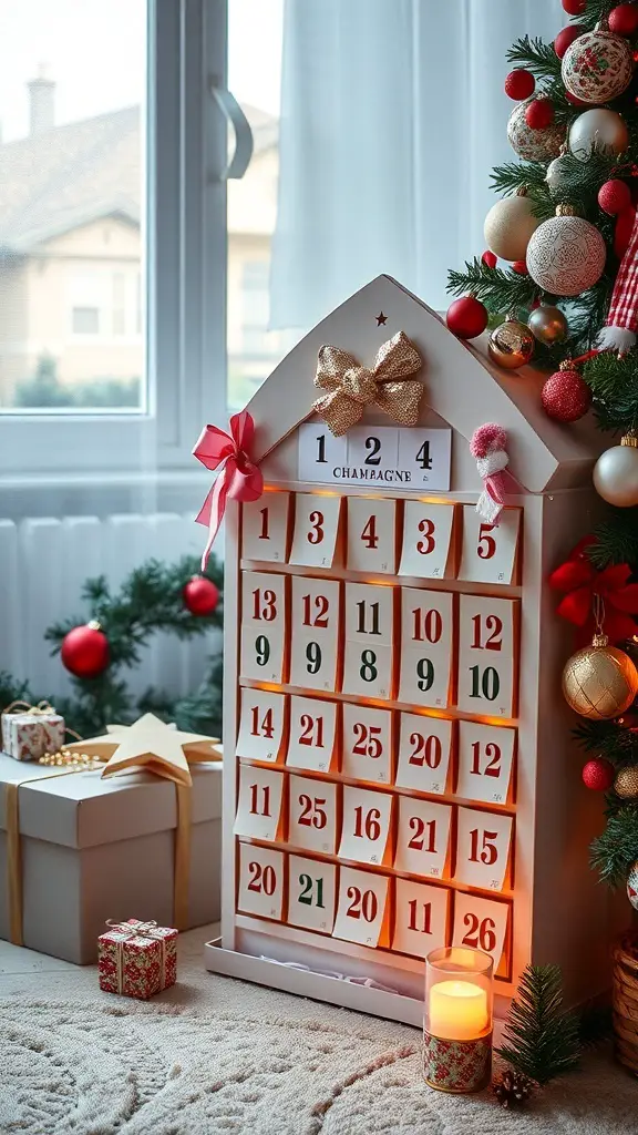 27+ Stunning Champagne Christmas Tree Ideas You Need to Try 10 A champagne-themed advent calendar with compartments for each day leading up to Christmas, decorated with festive bows and ornaments, next to a Christmas tree.