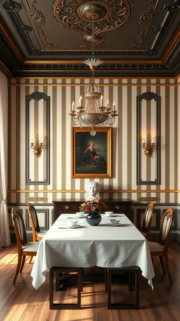 29+ Stunning Dining Room Wallpaper Ideas to Transform Your Space 2 Elegant dining room with classic striped wallpaper, chandelier, and traditional furniture.