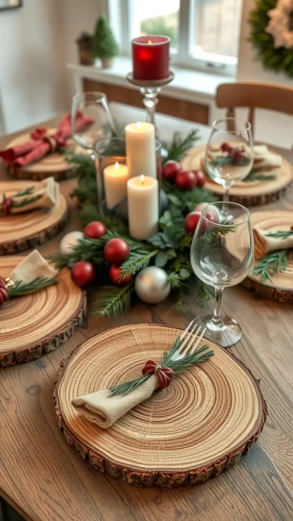 A beautifully set table with wood slice plates, candles, and festive decorations for Christmas.