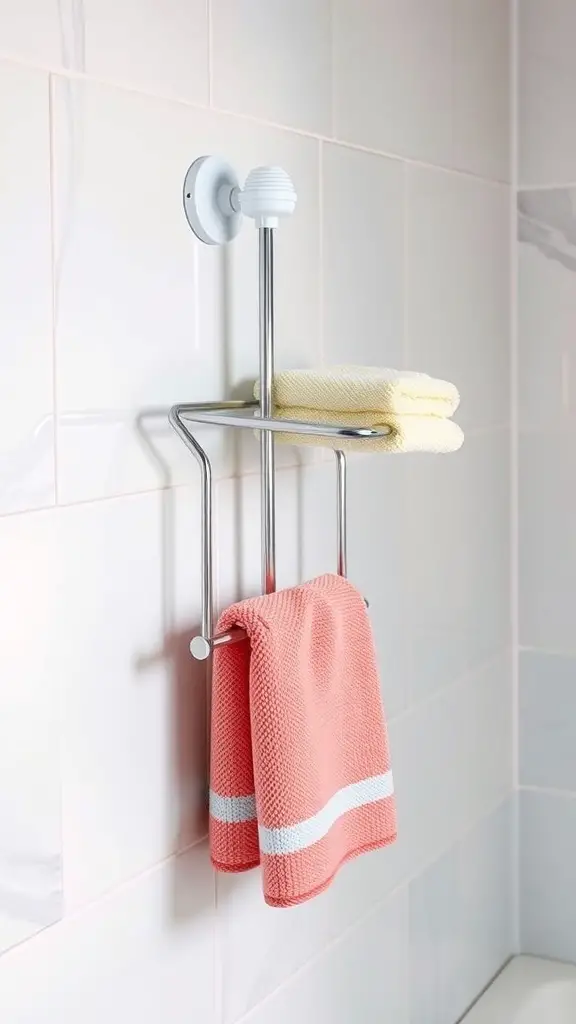 23+ Stylish Bathroom Towel Rack Ideas You’ll Love 8 A modern suction cup towel rack holding two colorful towels in a bathroom setting.