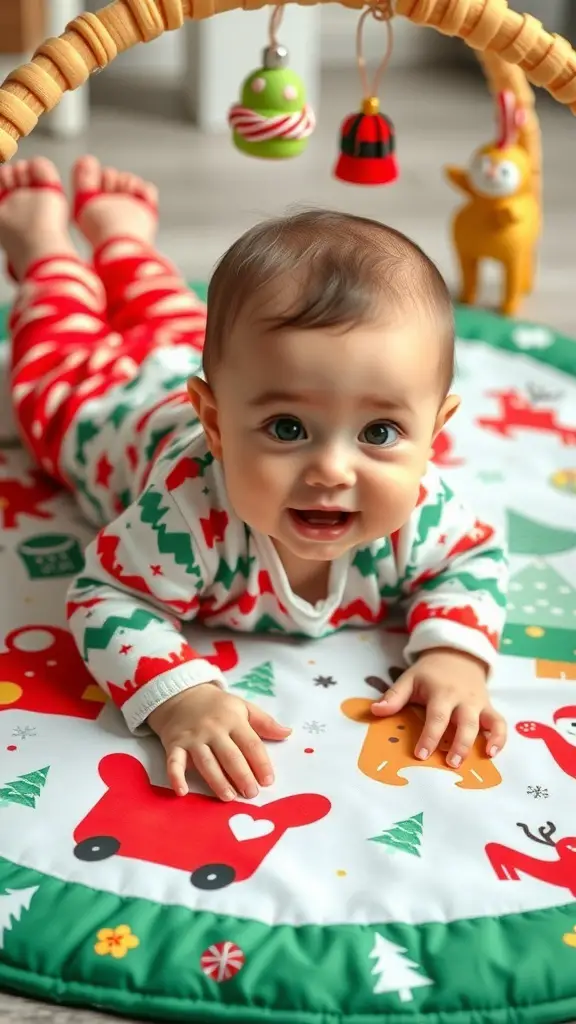 29+ Fun Christmas Activities for Babies to Celebrate the Holiday Season 13 A baby enjoying tummy time on a festive play mat with holiday designs.