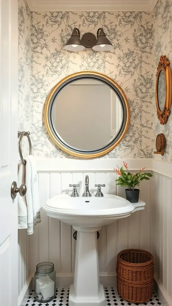 29+ Stylish Small Bathroom Mirror Ideas to Elevate Your Space 6 Small bathroom with round vintage mirror, floral wallpaper, and vintage fixtures.
