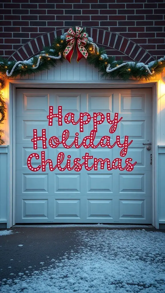 29+ Creative Garage Door Christmas Decorations You'll Love 11 Garage door decorated for the holidays with a message saying 'Happy Holiday Chlistmas' surrounded by greenery and a bow.