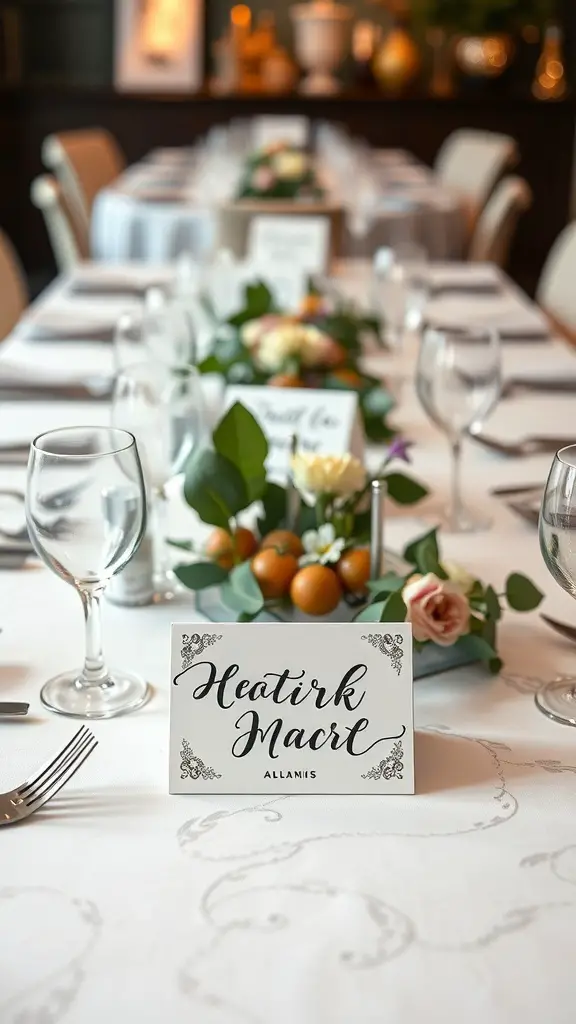 A beautifully set Thanksgiving table featuring elegant place cards with handwritten names.
