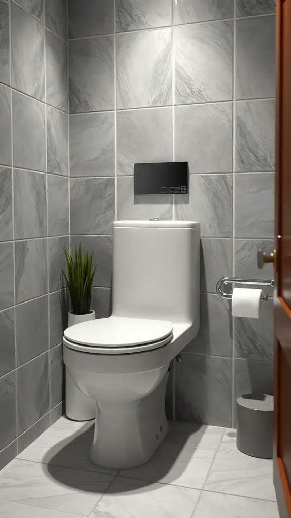 29+ Stunning Tiny Bathroom Layouts for Small Spaces 2 A modern corner toilet in a small bathroom with gray tiled walls