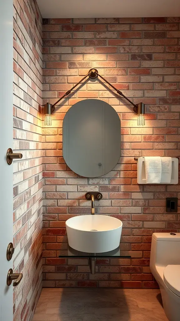 23+ Stunning Bathroom Brick Wall Accent Ideas You Need to Try 2 Bathroom with a textured brick wall, modern sink, round mirror, and stylish lighting.
