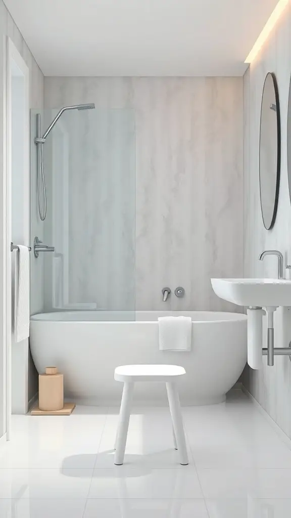 27+ Chic Bathroom Stool Styling Ideas to Elevate Your Space 2 A minimalist bathroom featuring a white stool, a bathtub, and a modern sink.