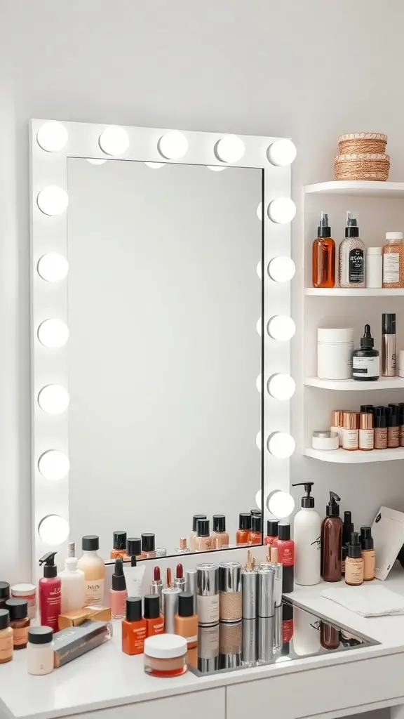 27+ Stylish Vanity Mirror Ideas to Elevate Your Space 15 A vanity mirror with bright bulbs and shelves filled with beauty products.