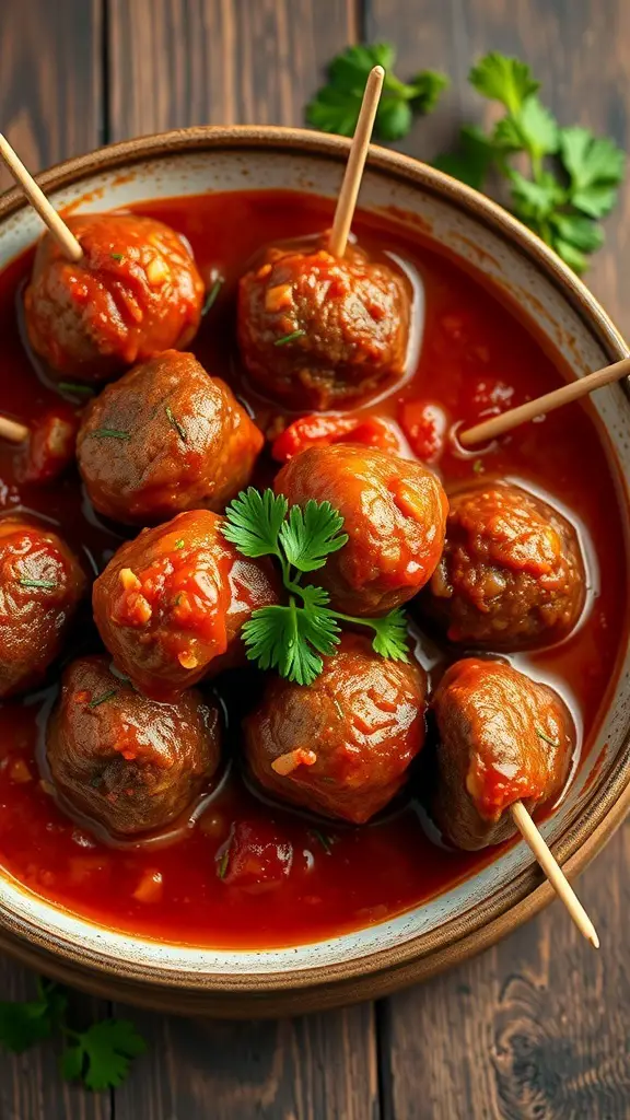 A bowl of spicy meatballs in marinara sauce, garnished with herbs and served with toothpicks.