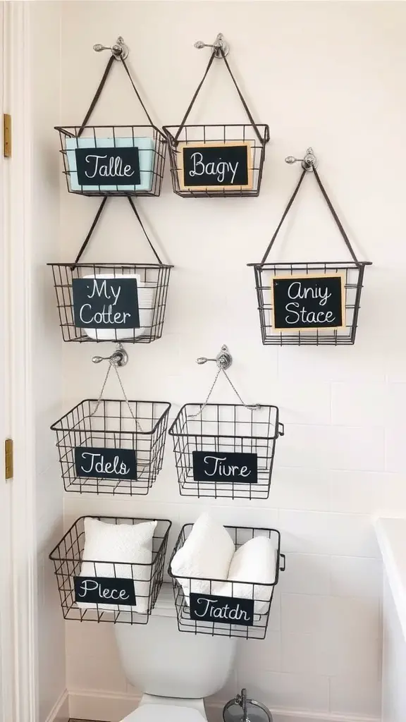 25+ Stylish Bathroom Wall Basket Ideas for Every Space 2 Hanging wire baskets on a bathroom wall with labels for organization.