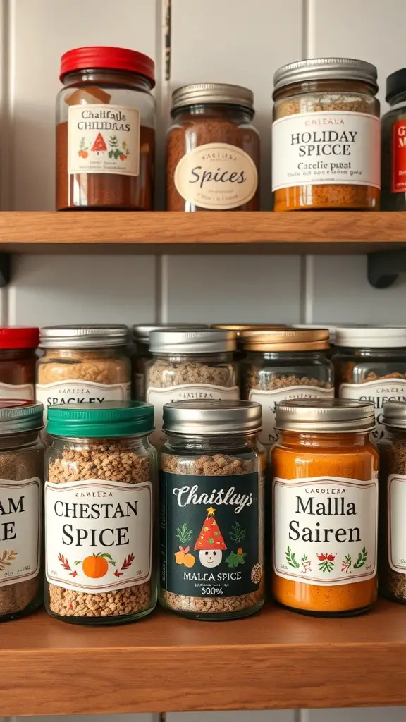 A collection of spice jars on a wooden shelf, featuring various labels and colorful lids.