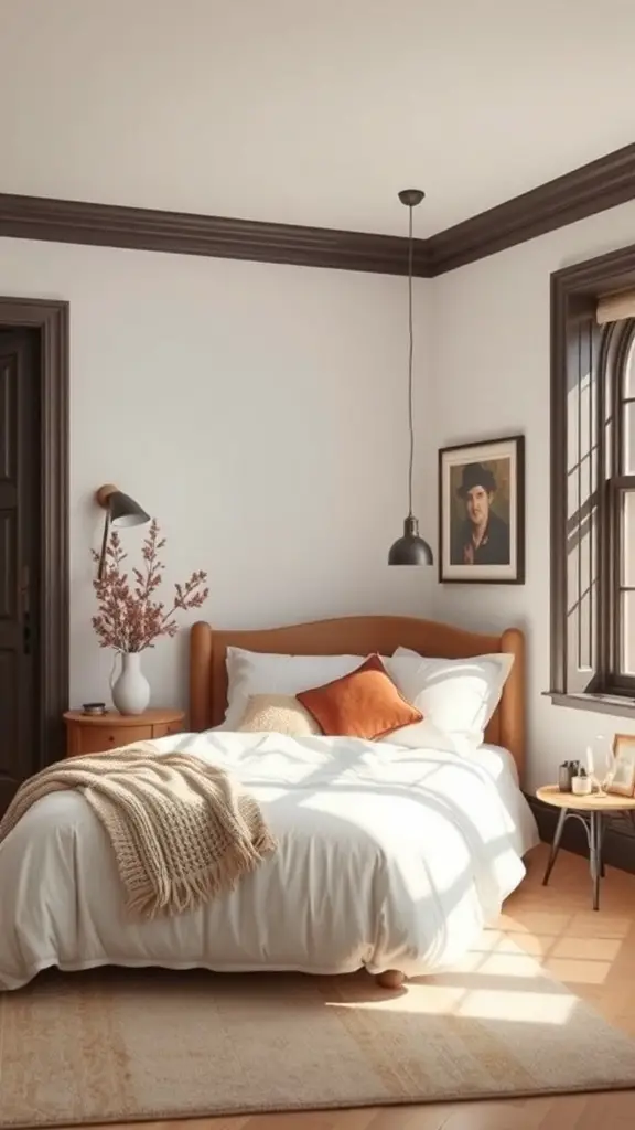 A cozy bedroom with light walls and dark trim, featuring a bed with white bedding and warm accents.