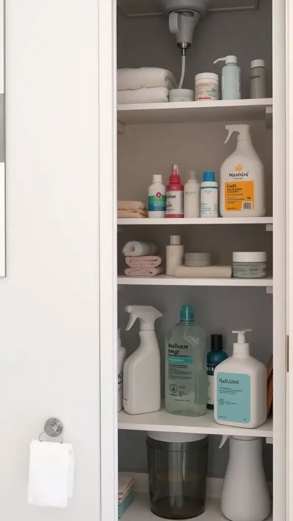 29+ Creative Bathroom Under Sink Organization Ideas You Need to Try 2 Organized under-sink shelving with various toiletries and cleaning supplies.