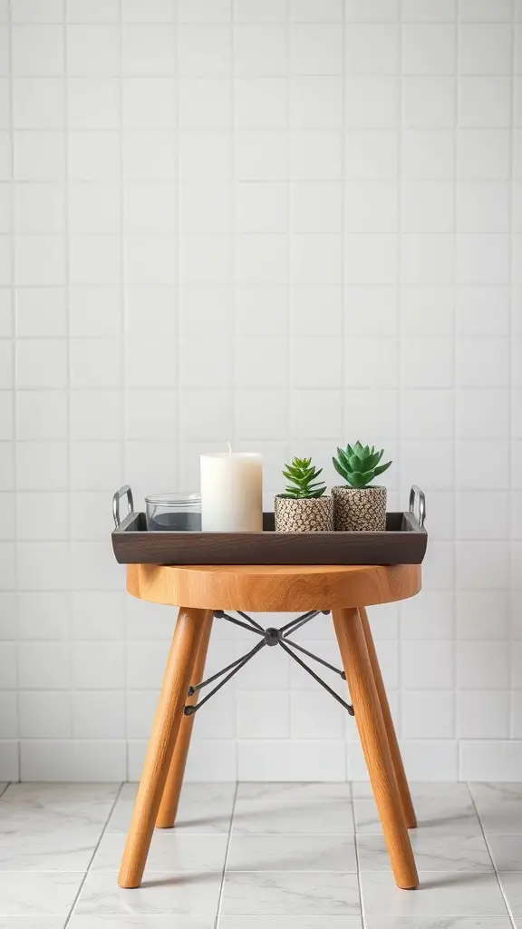 27+ Chic Bathroom Stool Styling Ideas to Elevate Your Space 10 A wooden stool with a black tray on top, featuring a candle and two potted succulents.