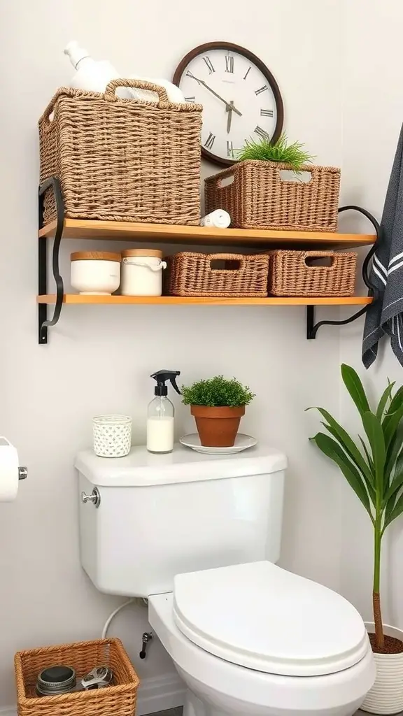 27+ Stylish Over the Toilet Storage Ideas to Maximize Your Space 2 A bathroom shelf above a toilet with wicker baskets for storage, a clock, and decorative items.
