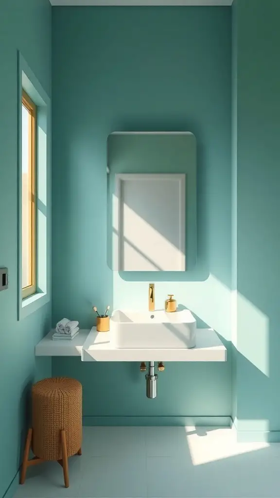 29+ Stylish Small Bathroom Mirror Ideas to Elevate Your Space 8 A small bathroom featuring a floating mirror, teal walls, and minimalistic decor.