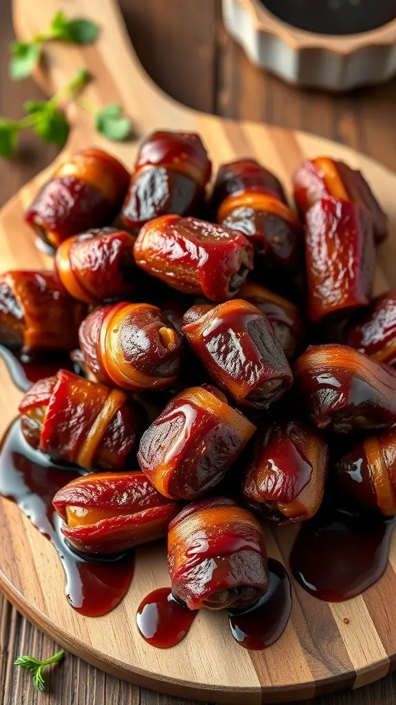 27+ Delicious Christmas Appetizers to Impress Your Guests 6 A wooden platter filled with bacon-wrapped dates drizzled with sauce.
