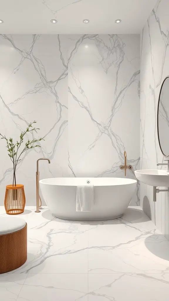 29+ Stunning Bathroom Flooring Ideas to Transform Your Space 2 A modern bathroom featuring elegant porcelain tiles, a freestanding tub, and stylish decor.