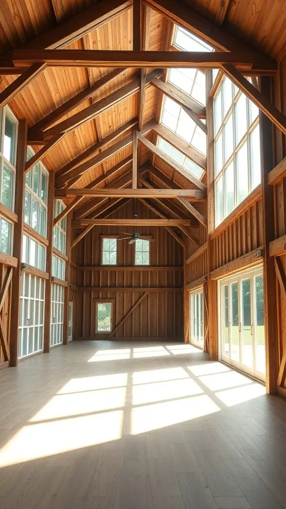 27+ Stunning Barndominium Exterior Ideas to Inspire Your Dream Home 15 Interior of a barndominium with large windows and wooden beams.