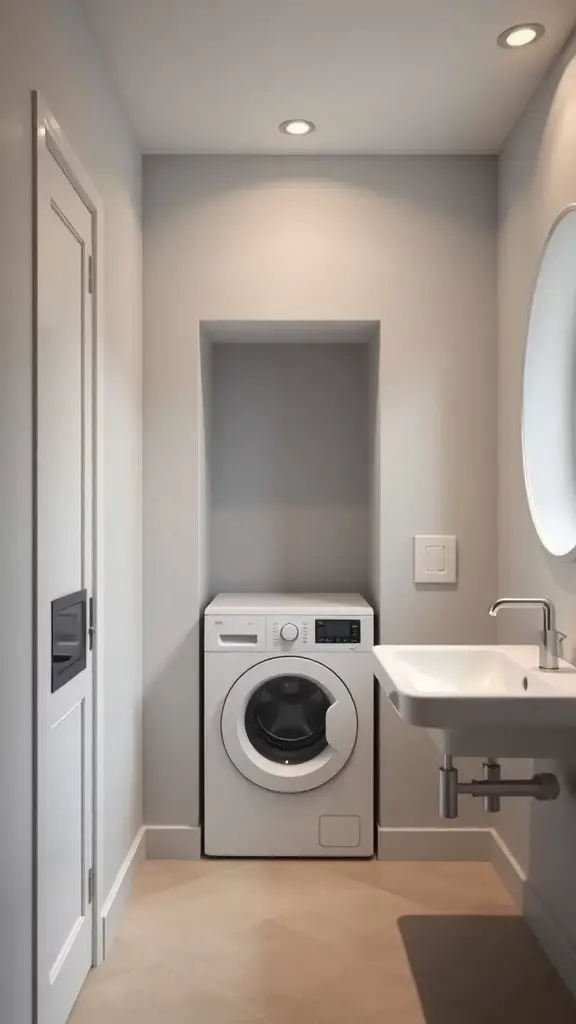 25+ Creative Bathroom Laundry Combo Ideas for Space-Saving Solutions 2 Compact laundry area with a washing machine and a potential laundry chute