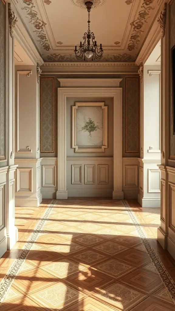 25+ Stylish Wall Trim Ideas to Enhance Your Home Decor 9 A beautifully designed traditional hallway with intricate baseboards and elegant decor.